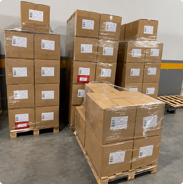 Packed boxes on pallets, ready to ship