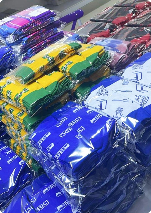 Team with branded merchandise